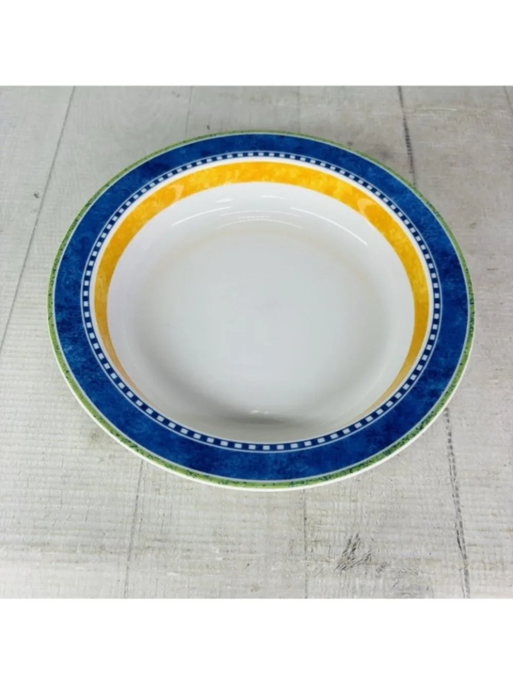 Dansk Bistro KOBENHAVN Blue Yellow Band Smooth Green Trim Rimmed Soup Bowl Set 4